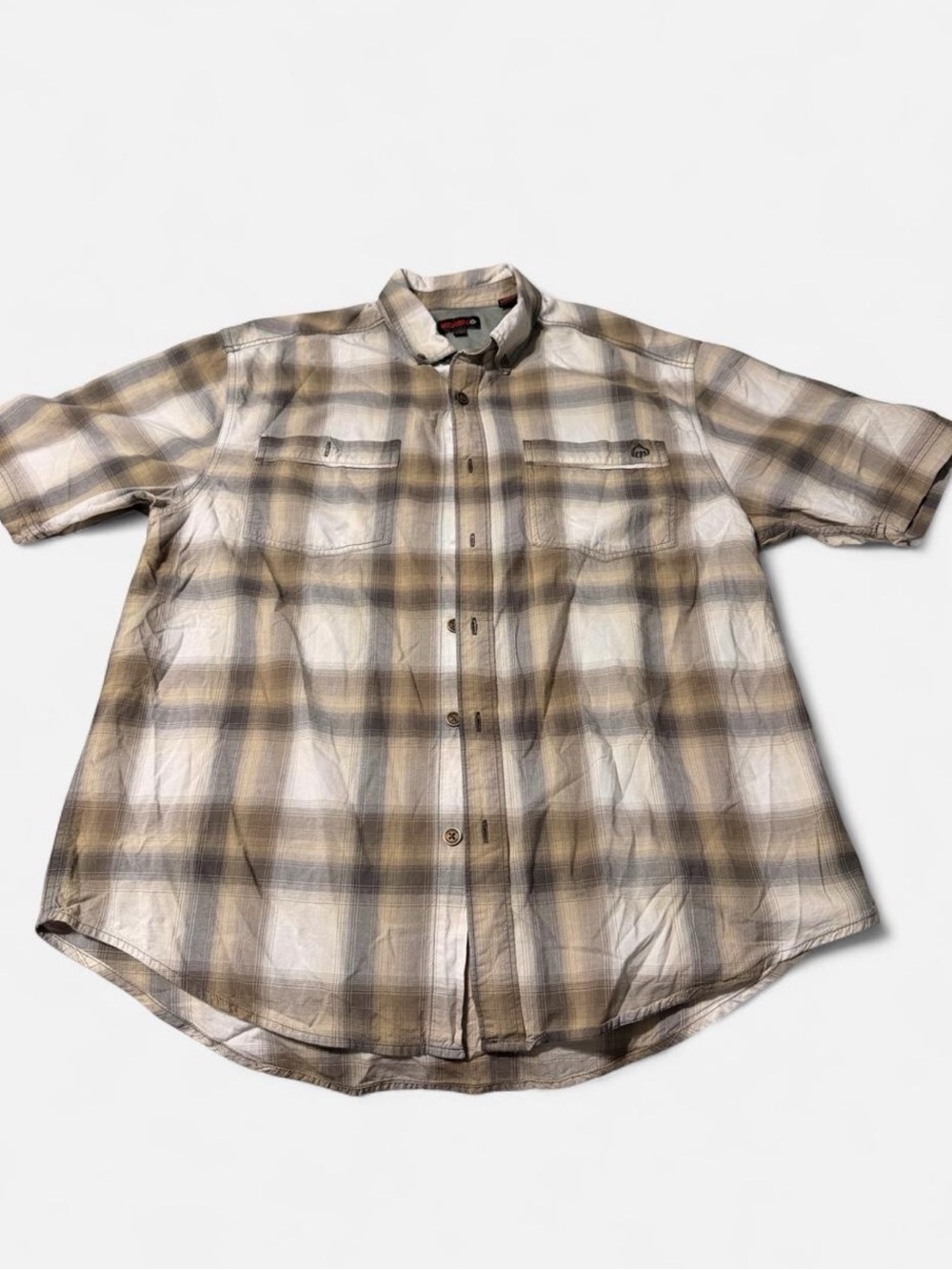 Wolverine Mens Shirt Short Sleeve Button Up Brown Plaid Large Work  Outdoor Ever